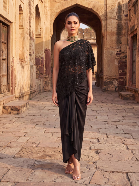 Black Cutwork Beaded One Shoulder Cape Set