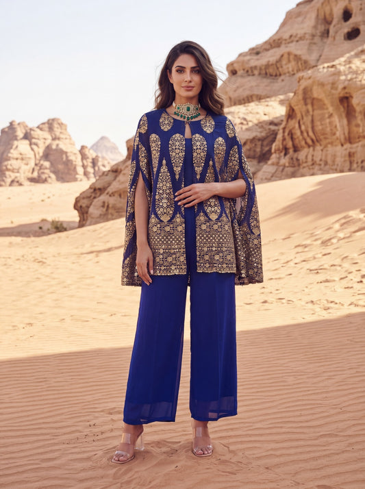 Blue Embroidered Cape Jacket With Ankle Pants