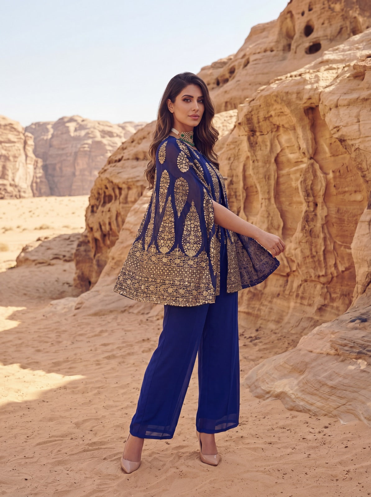 Blue Embroidered Cape Jacket With Ankle Pants