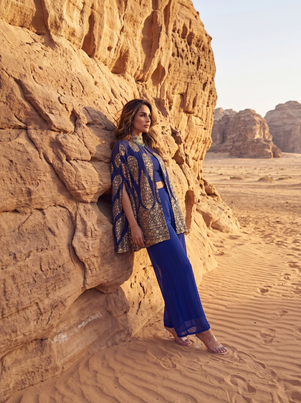 Blue Embroidered Cape Jacket With Ankle Pants