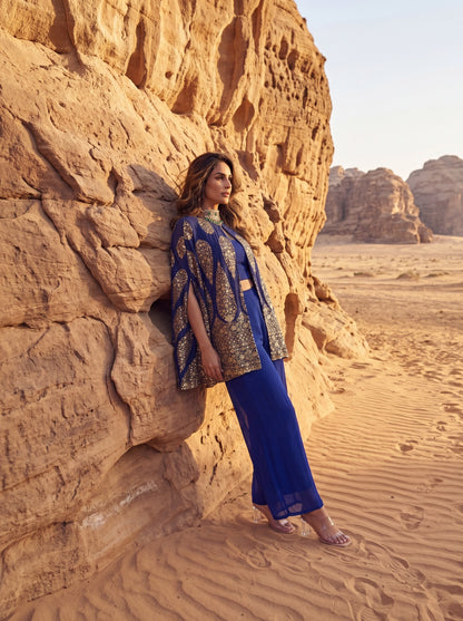 Blue Embroidered Cape Jacket With Ankle Pants