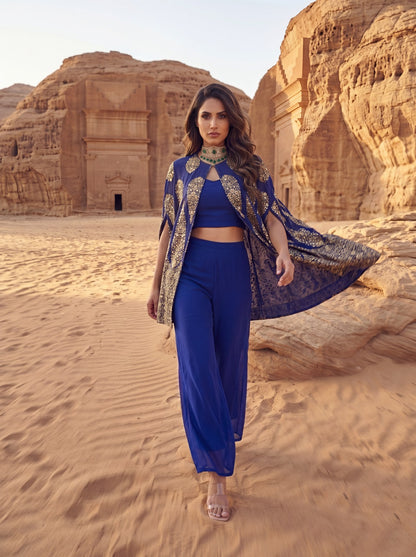 Blue Embroidered Cape Jacket With Ankle Pants