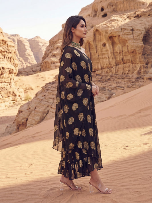 Black One Shoulder Embroidered Georgette Midi Dress