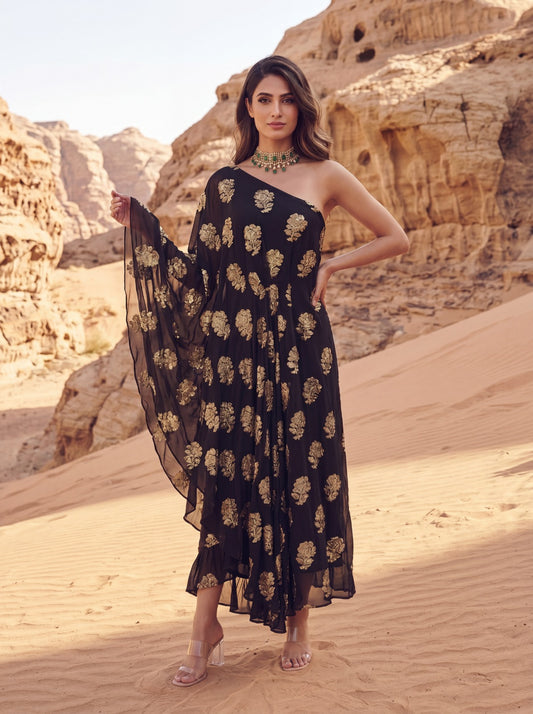 Black One Shoulder Embroidered Georgette Midi Dress