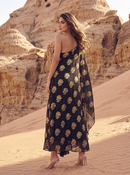 Black One Shoulder Embroidered Georgette Midi Dress