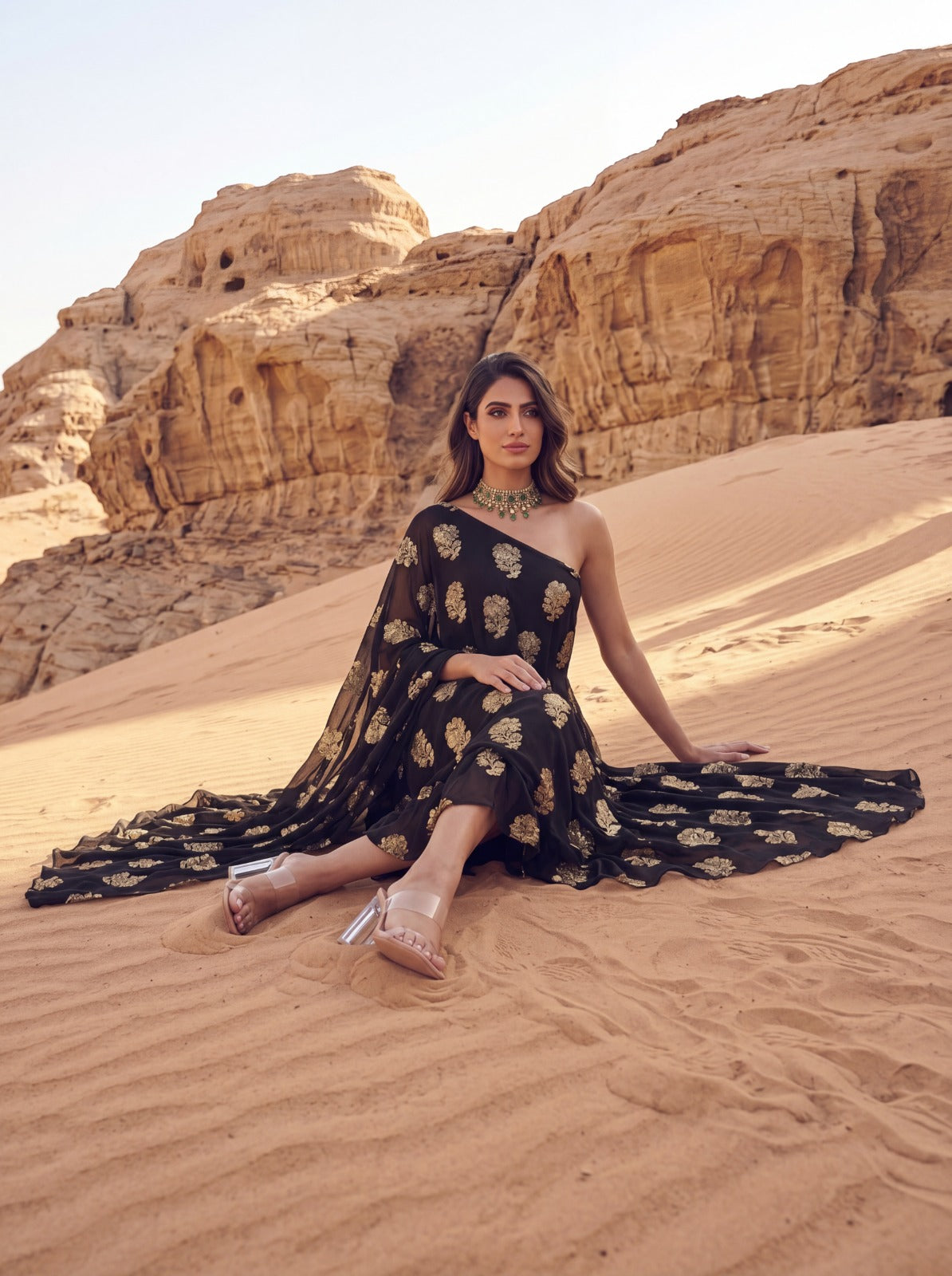 Black One Shoulder Embroidered Georgette Midi Dress