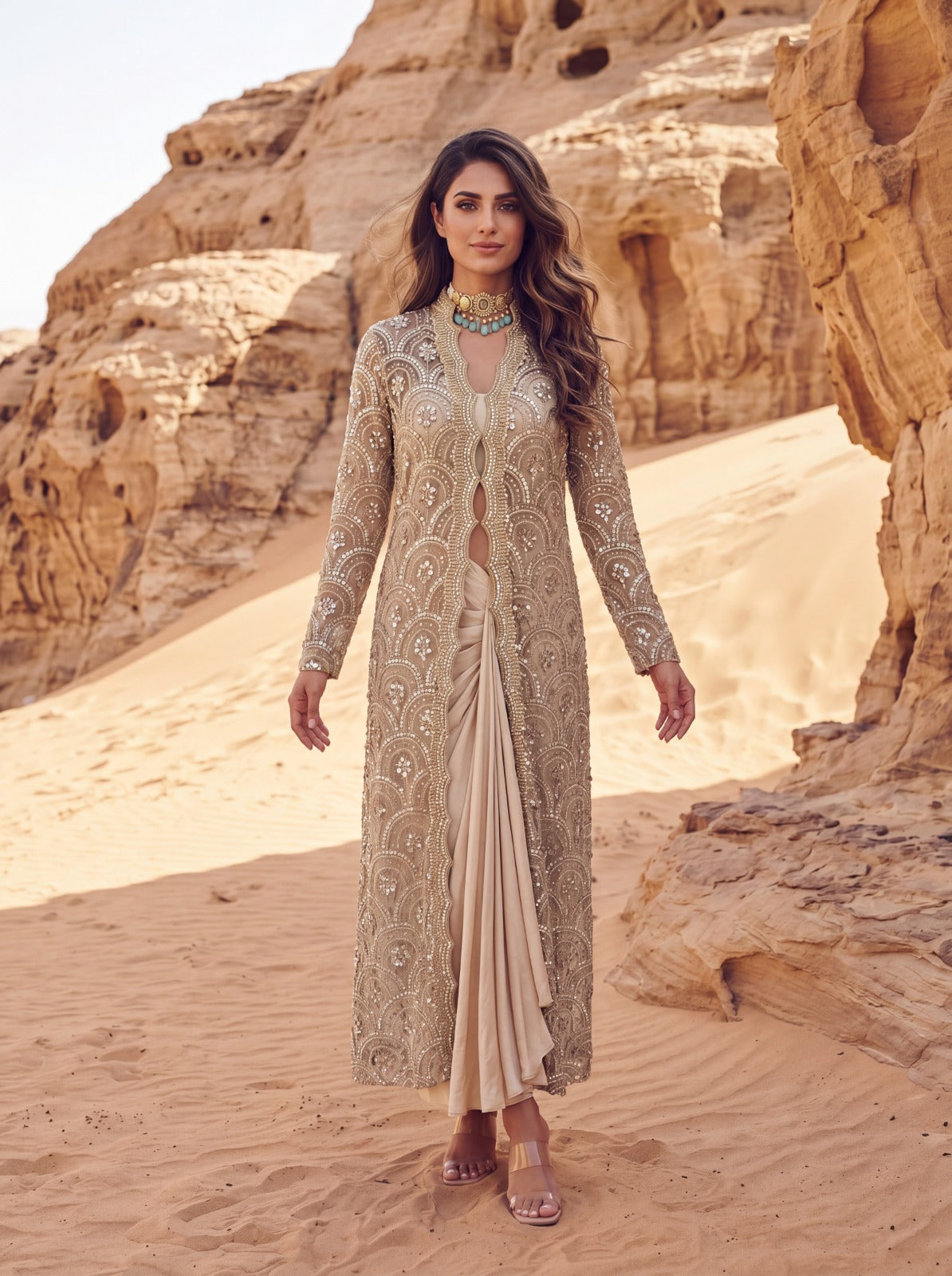 Ivory Net & Modal Satin Embroidered Sheer Jacket Set