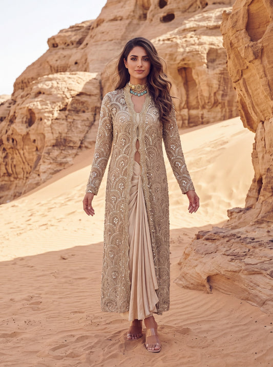 Ivory Net & Modal Satin Embroidered Sheer Jacket Set