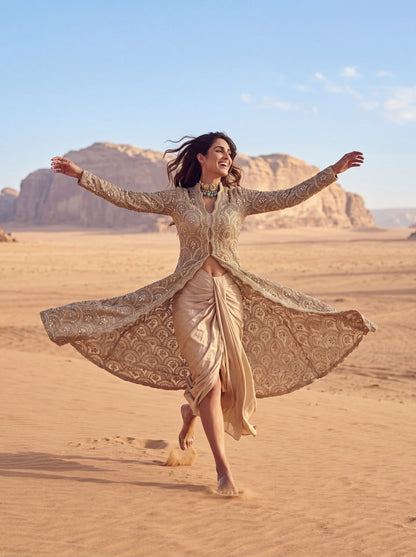 Ivory Net & Modal Satin Embroidered Sheer Jacket Set