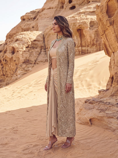 Ivory Net & Modal Satin Embroidered Sheer Jacket Set