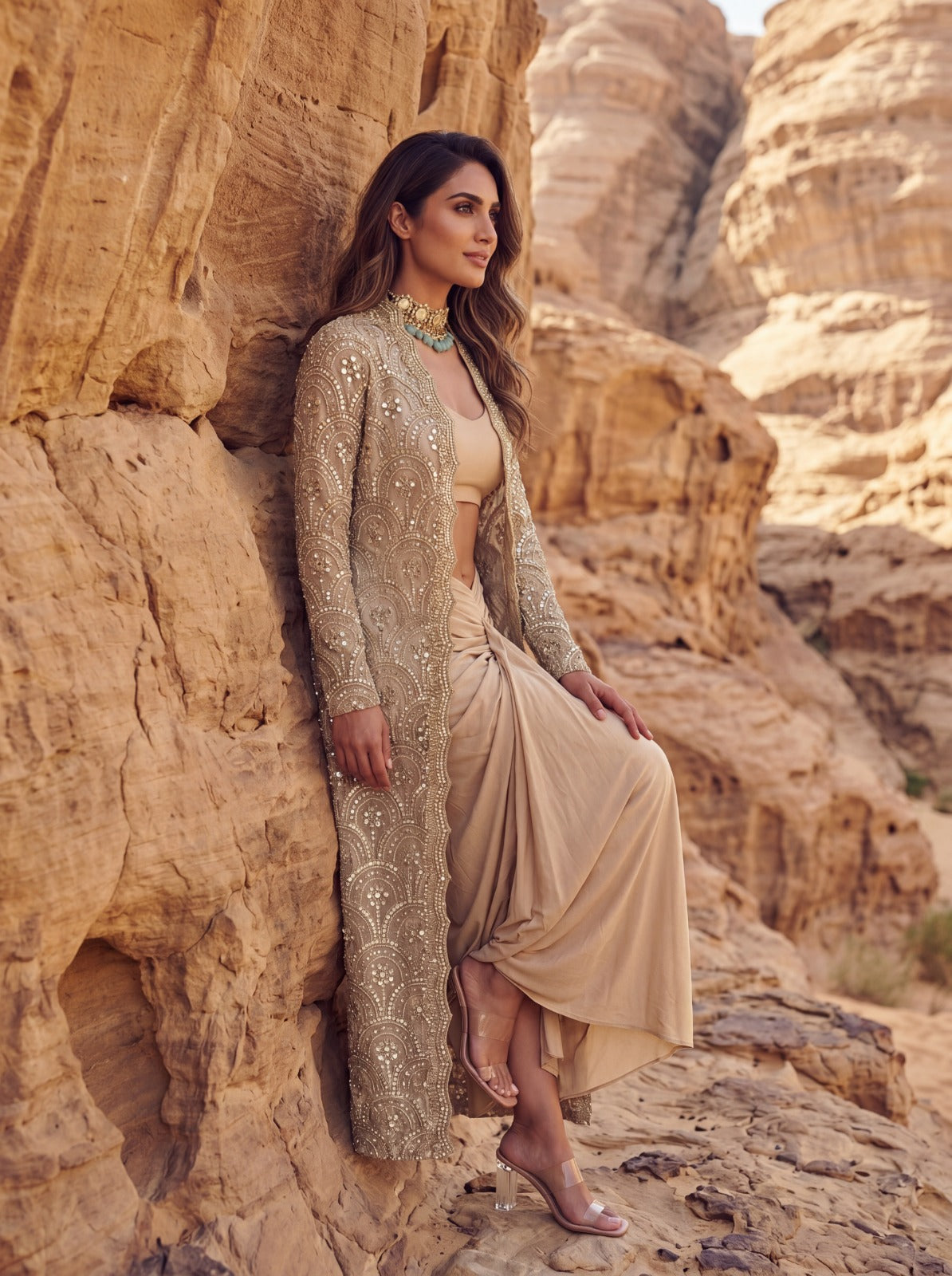 Ivory Net & Modal Satin Embroidered Sheer Jacket Set