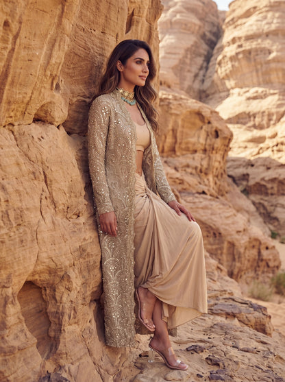 Ivory Net & Modal Satin Embroidered Sheer Jacket Set