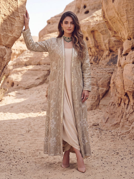 Ivory Net & Modal Satin Embroidery Lined Jacket Set