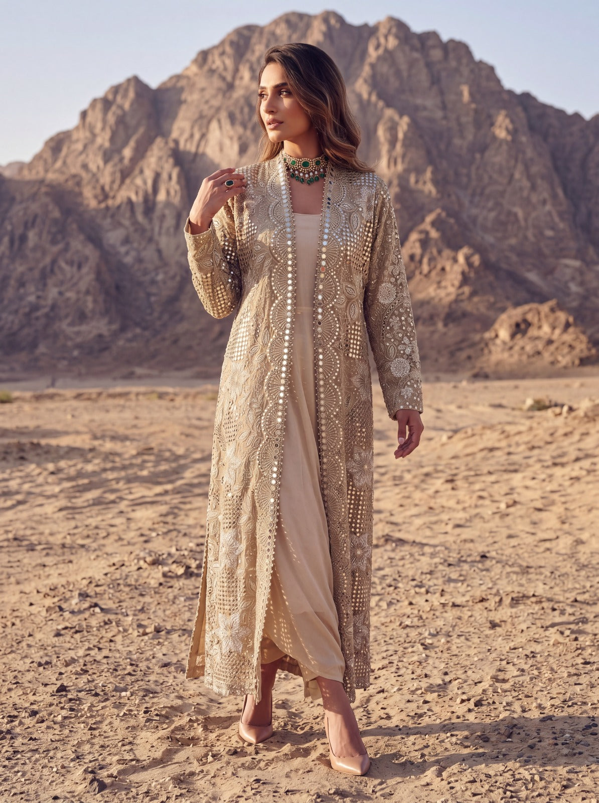 Ivory Net & Modal Satin Embroidery Lined Jacket Set