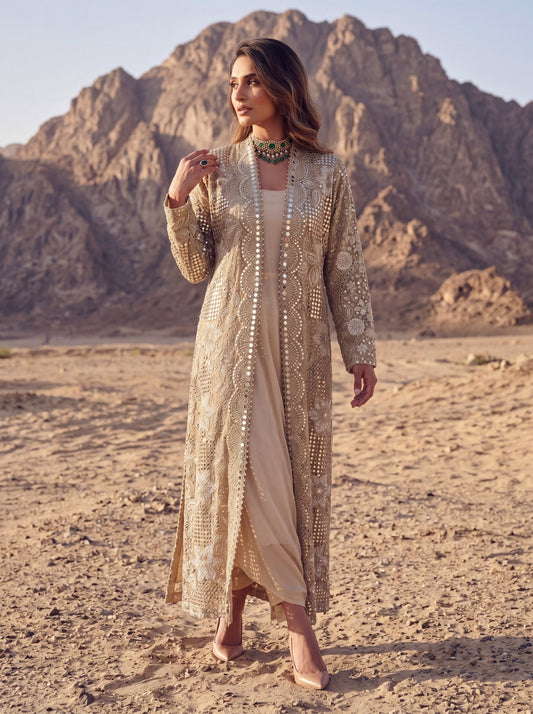 Ivory Net & Modal Satin Embroidery Lined Jacket Set