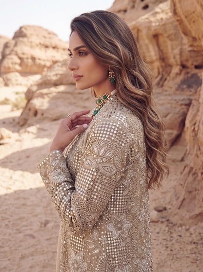 Ivory Net & Modal Satin Embroidery Lined Jacket Set