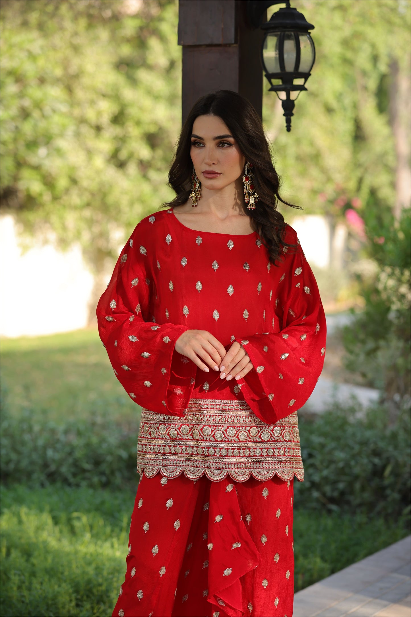 Red Drop Sleeves Embroidered Chinon Top With Front Pleated Skirt