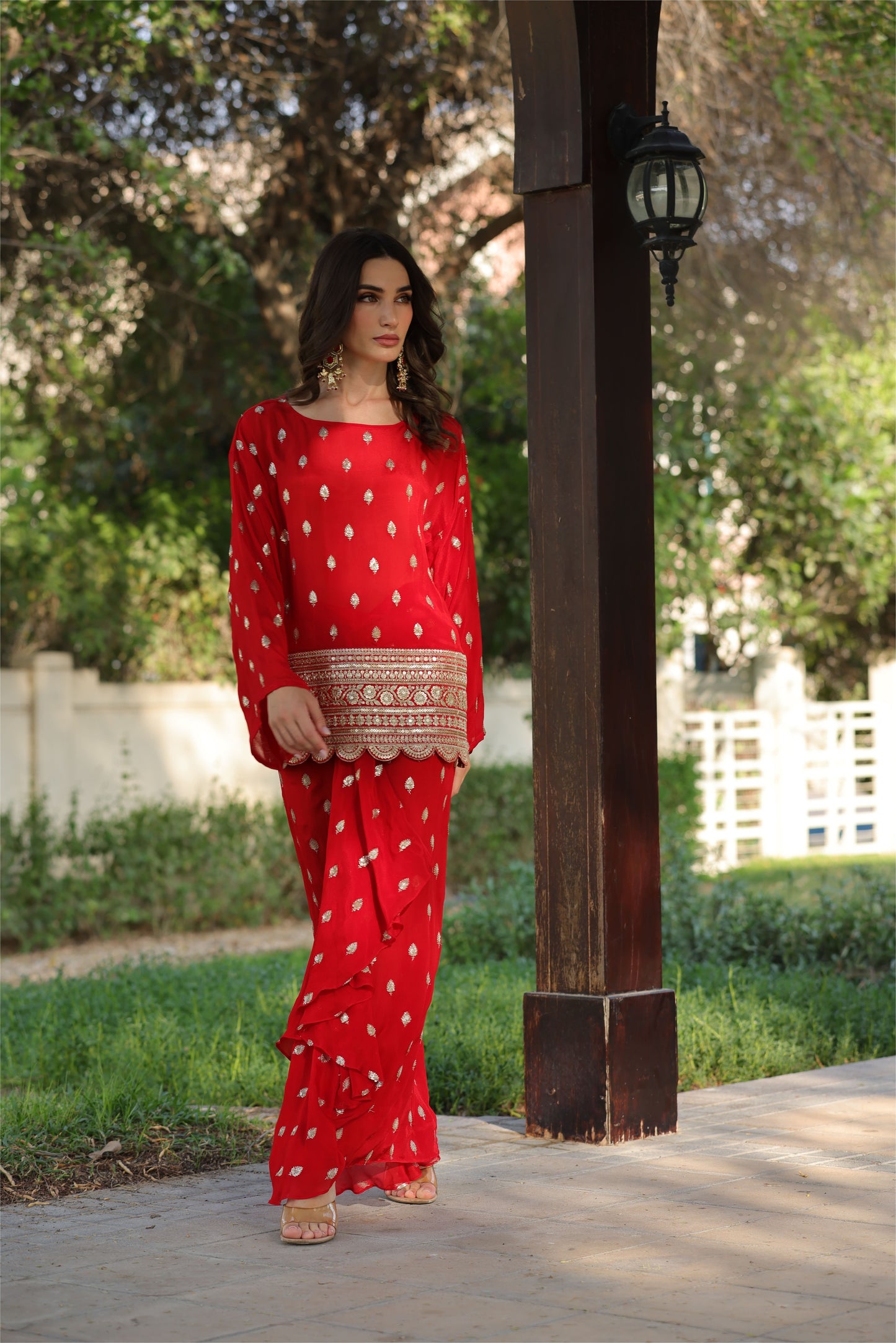 Red Drop Sleeves Embroidered Chinon Top With Front Pleated Skirt