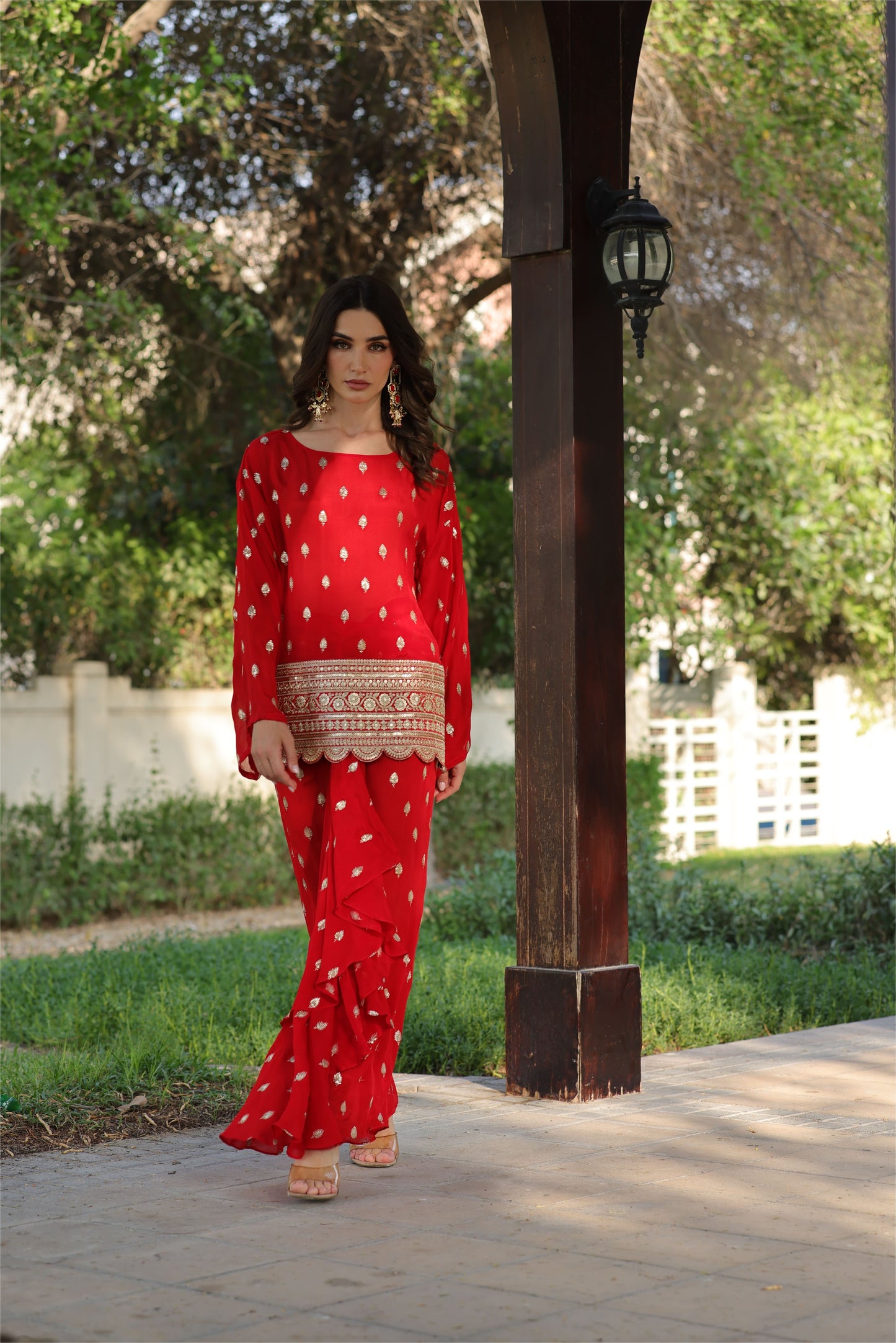 Red Drop Sleeves Embroidered Chinon Top With Front Pleated Skirt