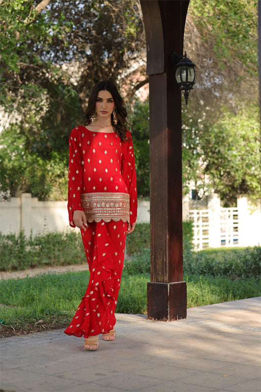 Red Drop Sleeves Embroidered Chinon Top With Front Pleated Skirt