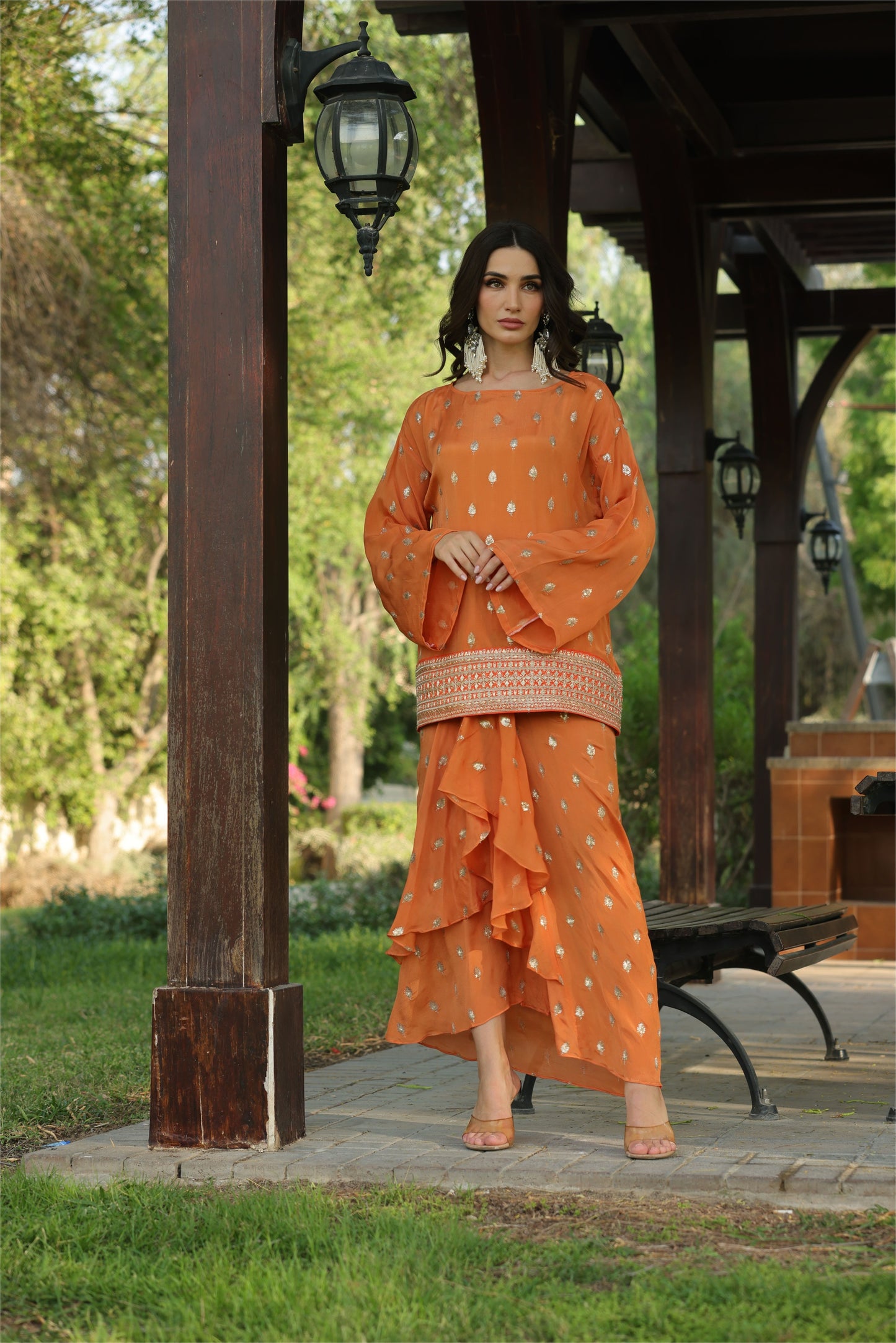Peach Drop Sleeves Embroidered Chinon Top With Front Pleated Skirt