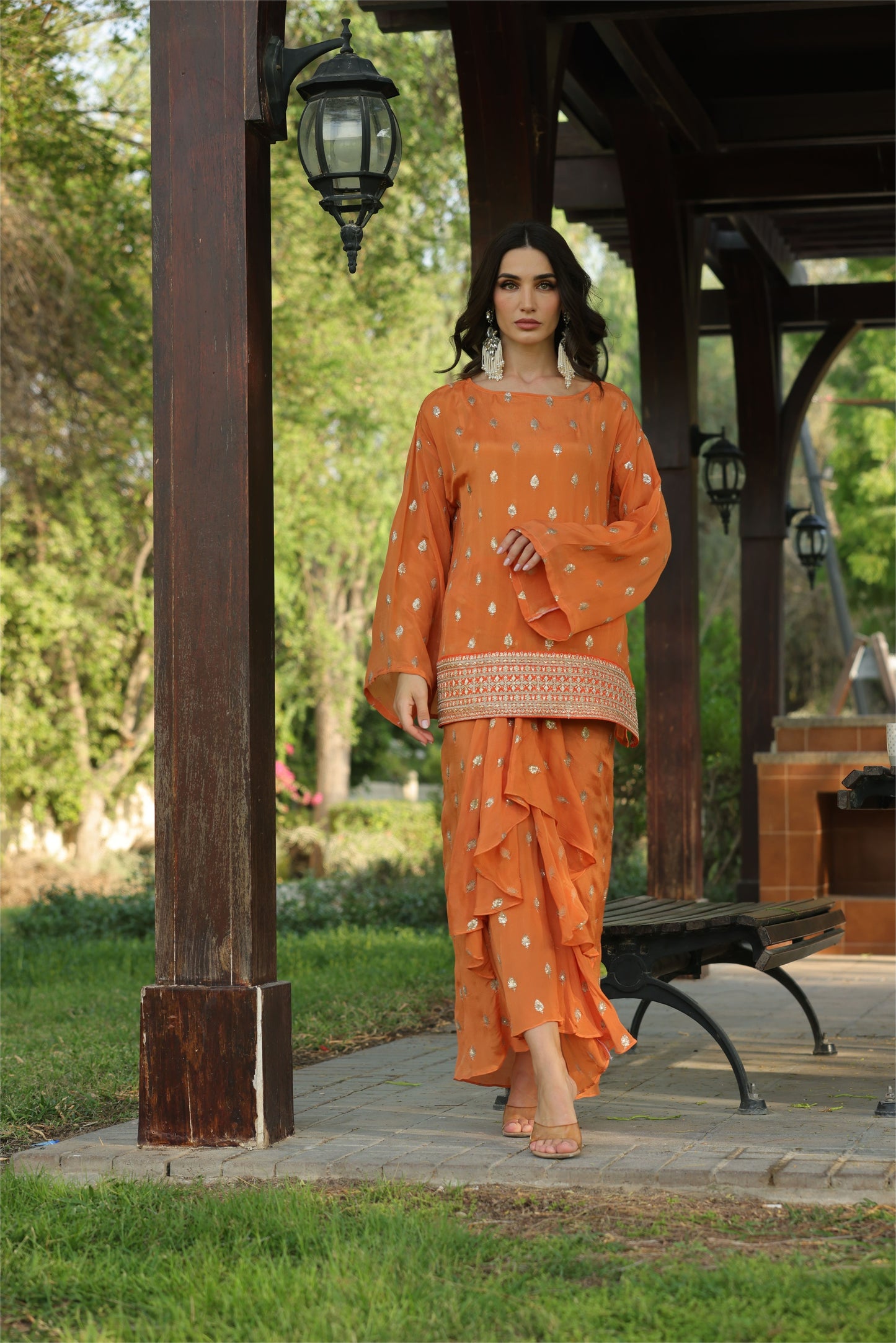 Peach Drop Sleeves Embroidered Chinon Top With Front Pleated Skirt