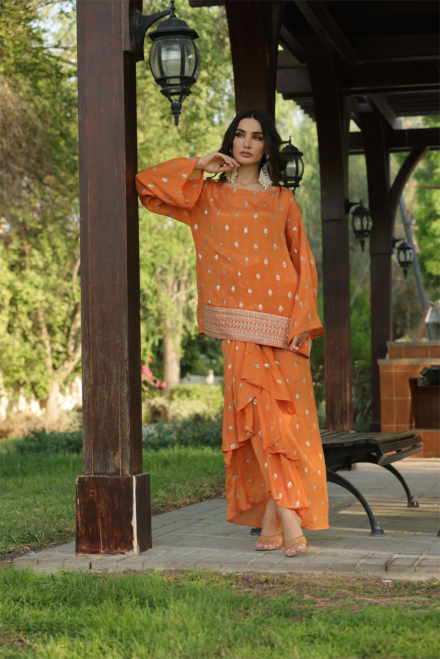 Peach Drop Sleeves Embroidered Chinon Top With Front Pleated Skirt