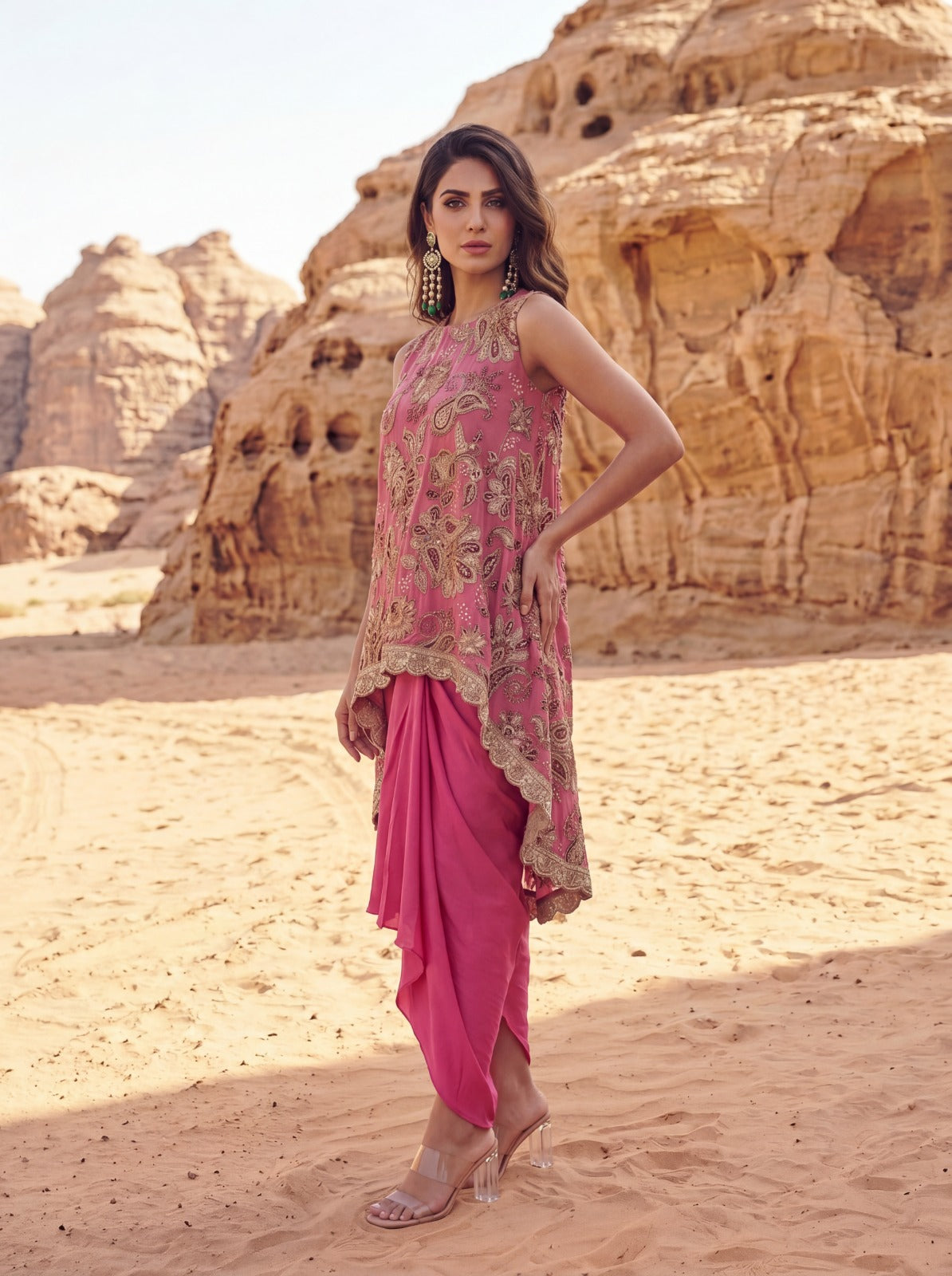 Rose Pink Printed & Embroidered High Low Top With Front Pleated Skirt