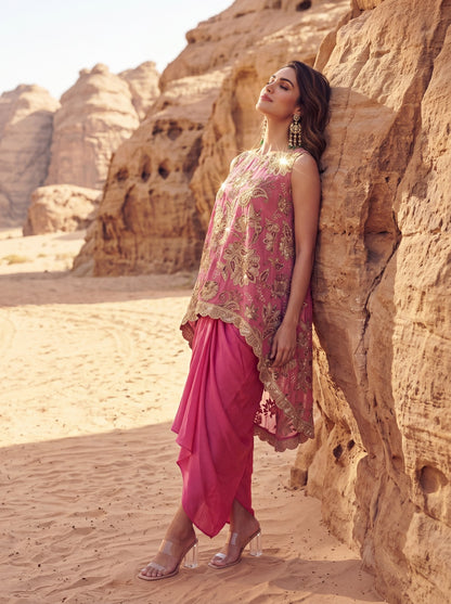 Rose Pink Printed & Embroidered High Low Top With Front Pleated Skirt