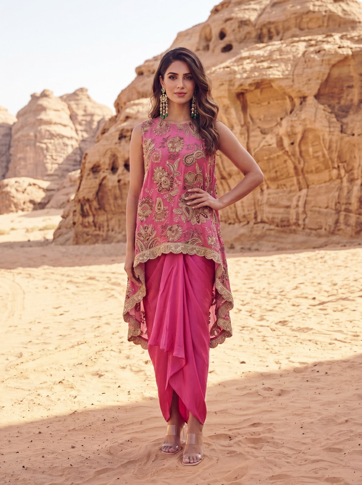 Rose Pink Printed & Embroidered High Low Top With Front Pleated Skirt
