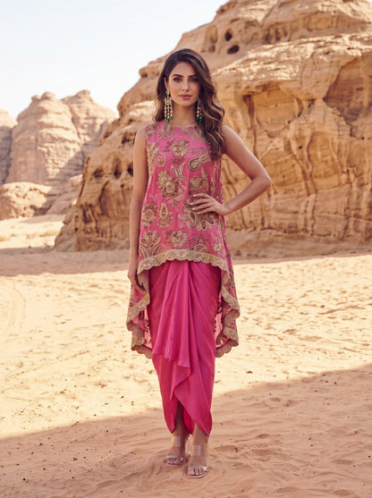 Rose Pink Printed & Embroidered High Low Top With Front Pleated Skirt