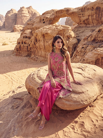 Rose Pink Printed & Embroidered High Low Top With Front Pleated Skirt