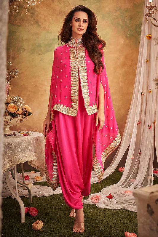 Pink Georgette Lace & Boota Embroidered Cape With Jumper