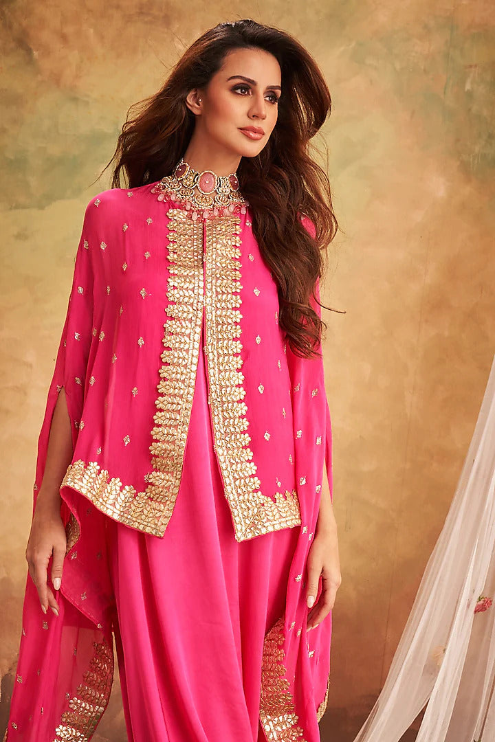 Pink Georgette Lace & Boota Embroidered Cape With Jumper
