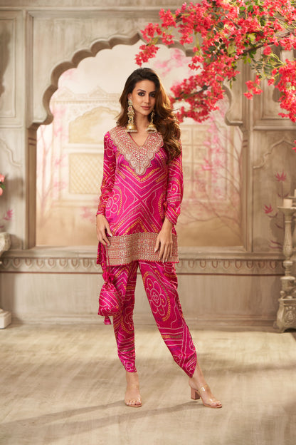 Pink Bandhani Short Tunic & Dhoti Pants Coord Set