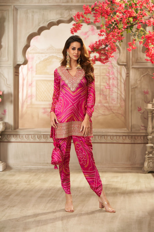 Pink Bandhani Short Tunic & Dhoti Pants Coord Set