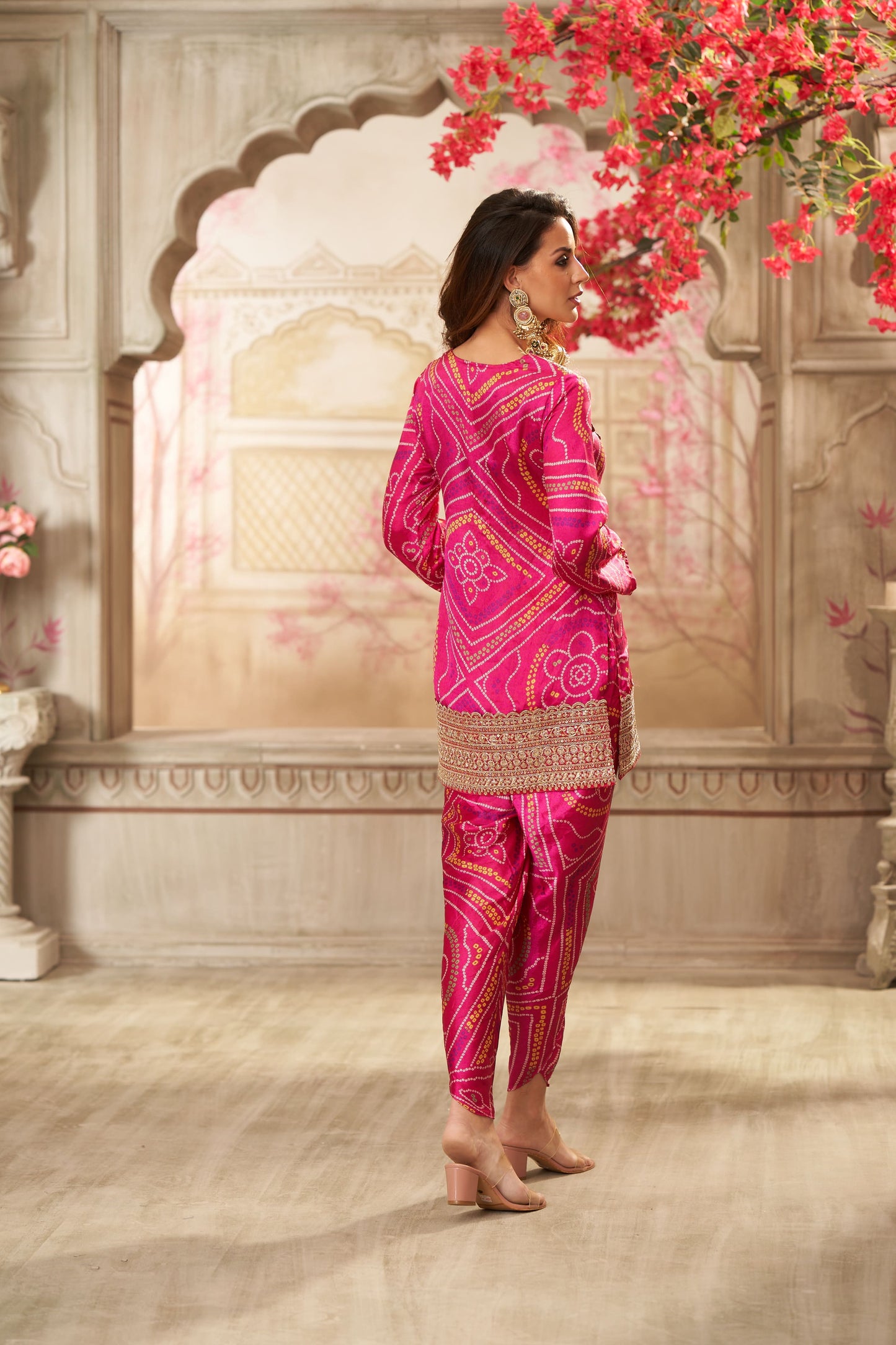 Pink Bandhani Short Tunic & Dhoti Pants Coord Set