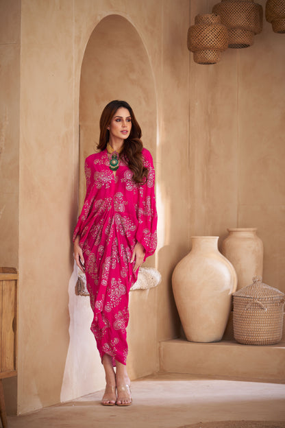 Pink Chinon Embroidered Midi Dress