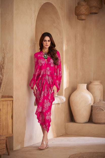 Pink Chinon Embroidered Midi Dress