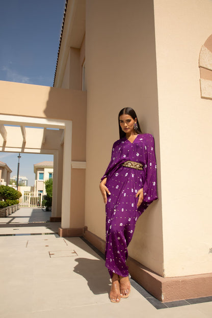 Purple Chinon Batik Midi Dress With Belt
