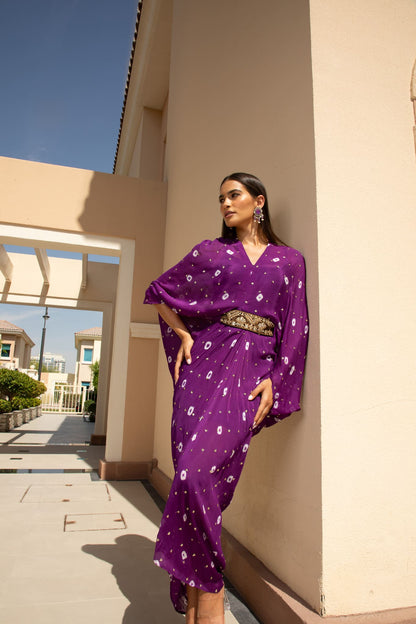 Purple Chinon Batik Midi Dress With Belt