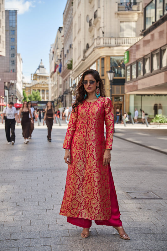 Pink Brocade Jacket With Straight Pants