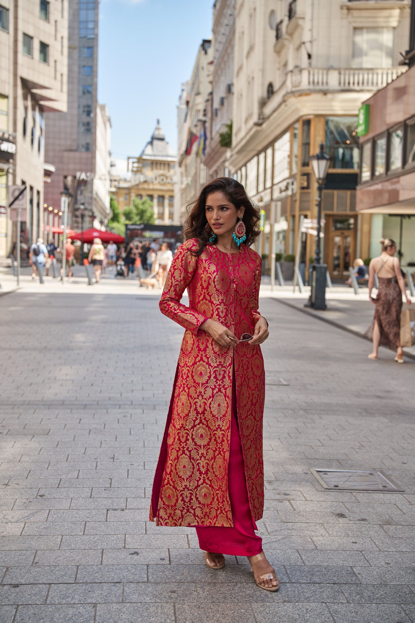 Pink Brocade Jacket With Straight Pants