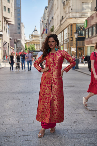 Pink Brocade Jacket With Straight Pants