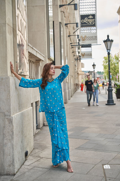 Aqua Blue Drop Sleeves Embroidered Chinon Top With Front Pleated Skirt