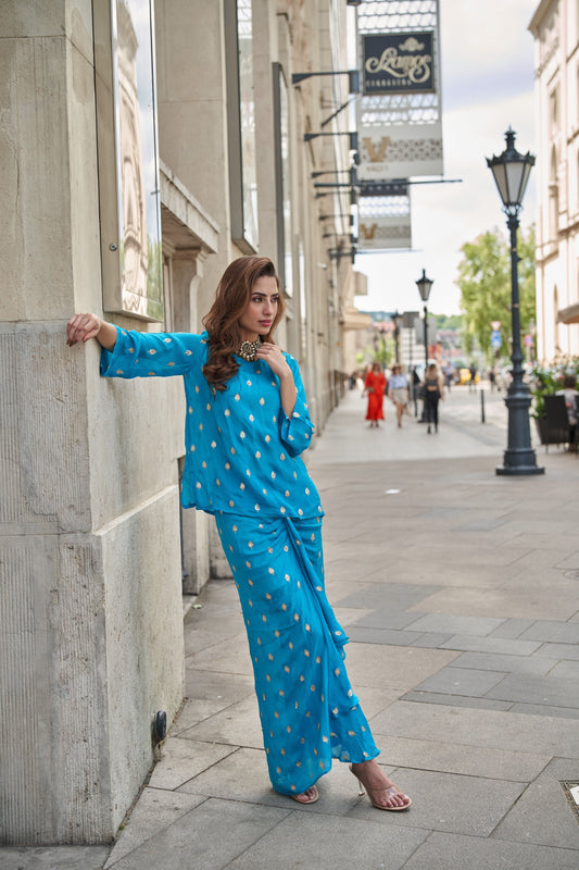 Aqua Blue Drop Sleeves Embroidered Chinon Top With Front Pleated Skirt