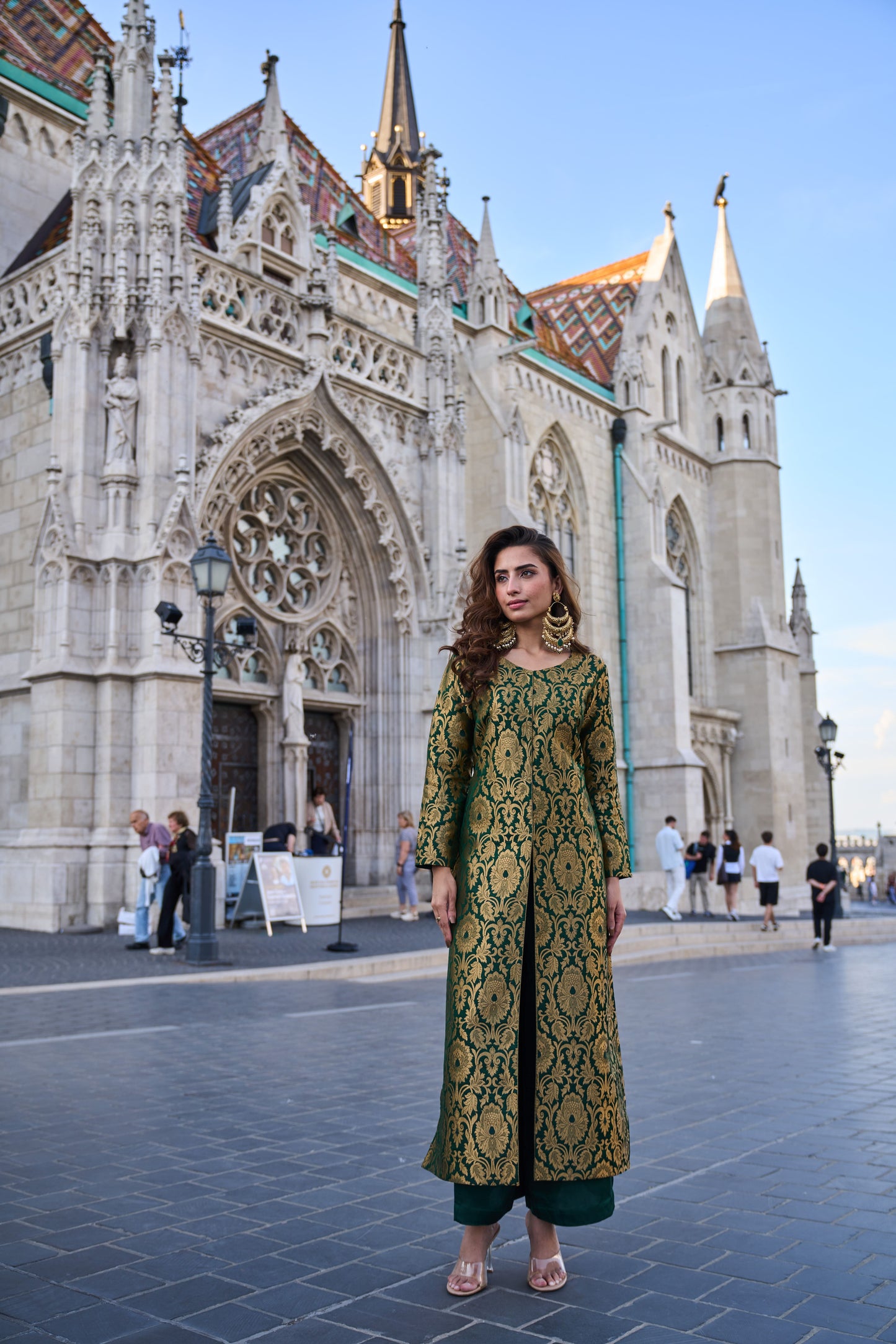 Bottle Green Brocade Jacket With Straight Pants