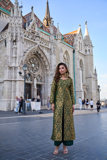 Bottle Green Brocade Jacket With Straight Pants
