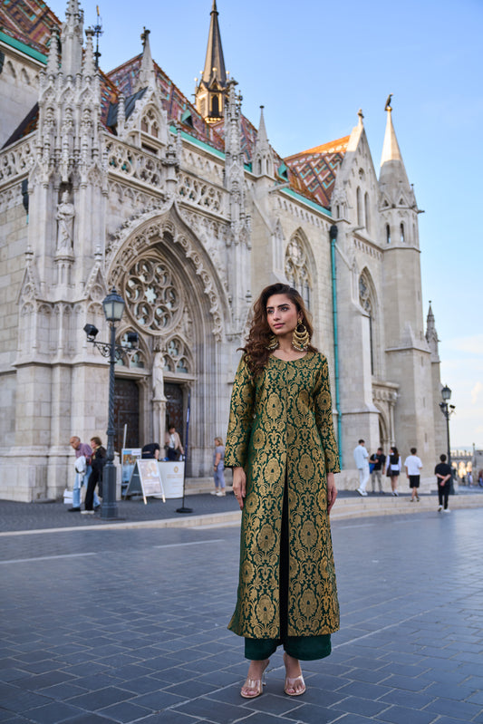 Bottle Green Brocade Jacket With Straight Pants