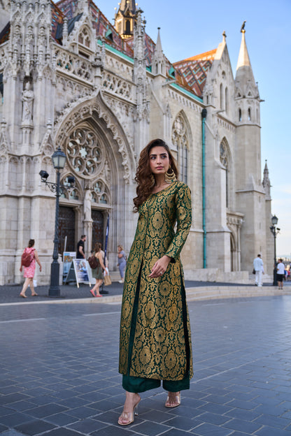 Bottle Green Brocade Jacket With Straight Pants